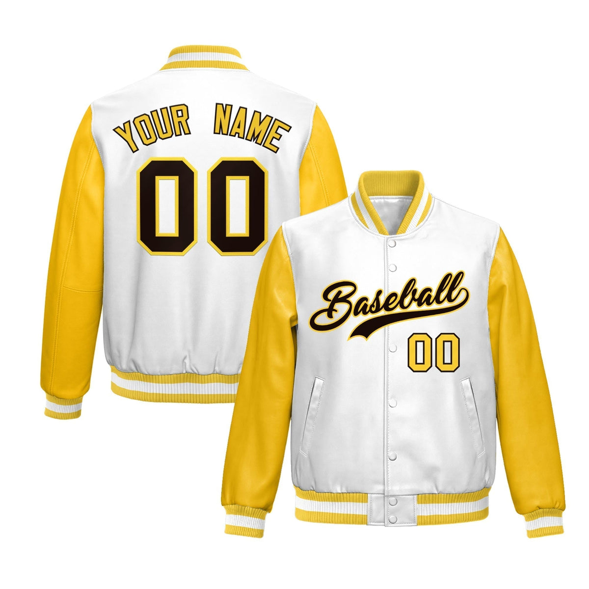 Custom White Yellow Raglan Sleeves Full-Snap Varsity Faux Leather Letterman Jacket| KXKSHOP