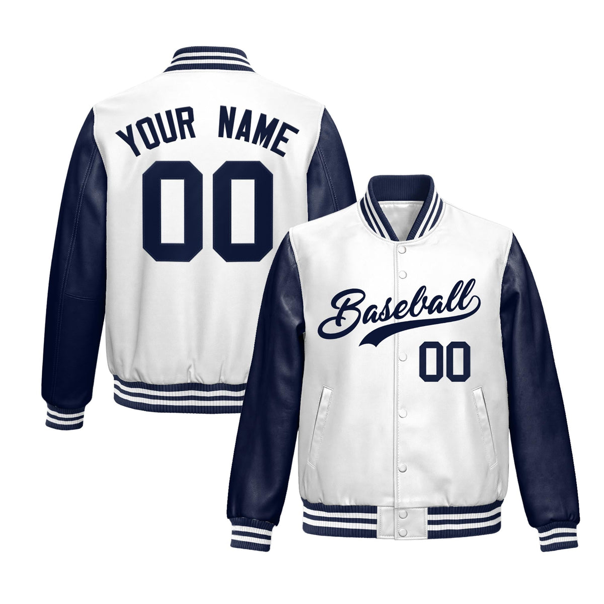 Custom Navy White Raglan Sleeves Full-Snap Varsity Faux Leather Letterman Jacket| KXKSHOP