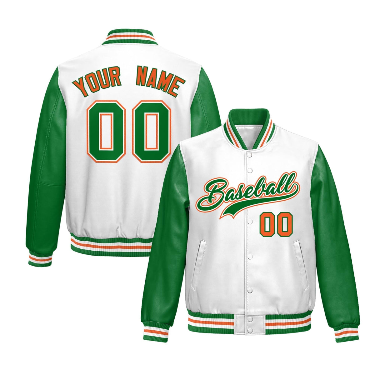 Custom White Kelly Green Raglan Sleeves Full-Snap Varsity Faux Leather Letterman Jacket| KXKSHOP