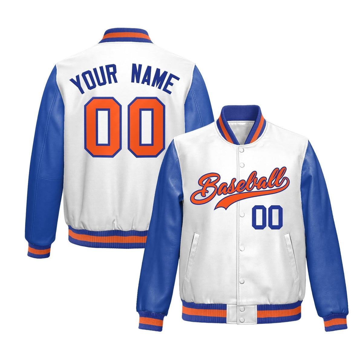 Custom White Royal Blue Raglan Sleeves Full-Snap Varsity Faux Leather Letterman Jacket| KXKSHOP