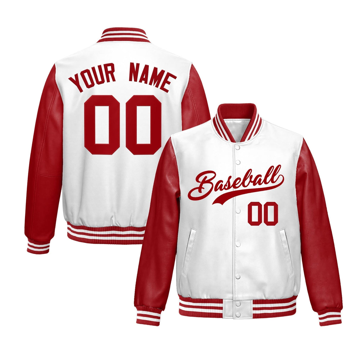Custom White Red Raglan Sleeves Full-Snap Varsity Faux Leather Letterman Jacket| KXKSHOP