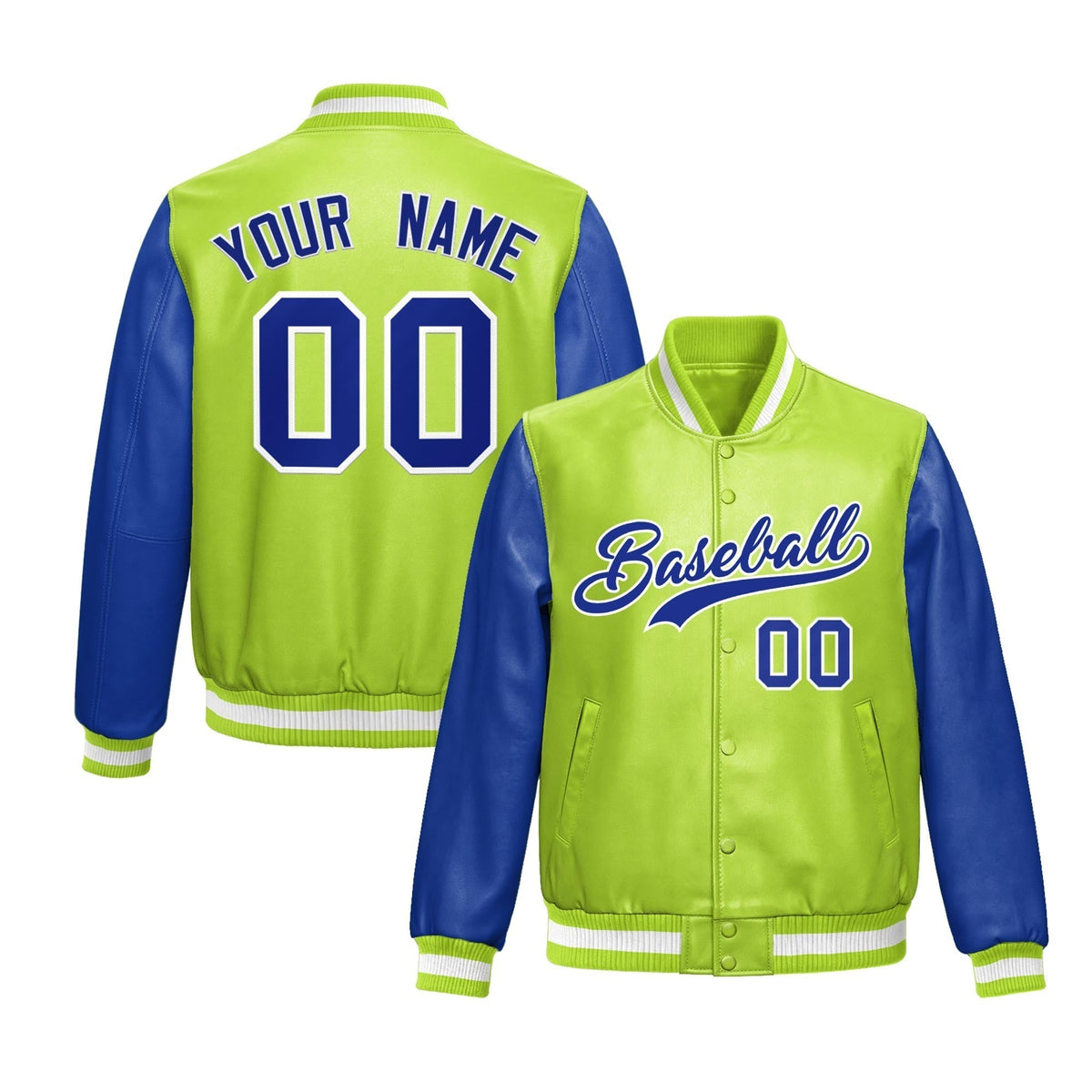 Custom Neon Green Royal Blue Raglan Sleeves Full-Snap Varsity Faux Leather Letterman Jacket| KXKSHOP