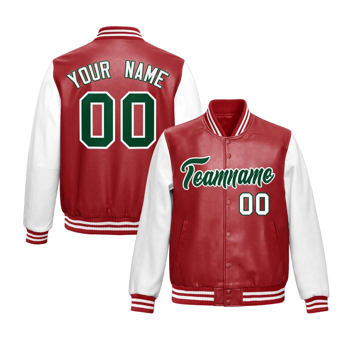 Custom Red White Dark Green Raglan Sleeves Full-Snap Varsity Faux Leather Letterman Jacket| KXKSHOP