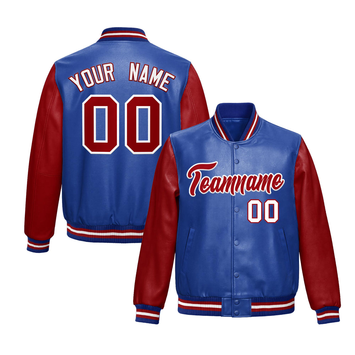 Custom Royal Blue Red Raglan Sleeves Full-Snap Varsity Faux Leather Letterman Jacket| KXKSHOP