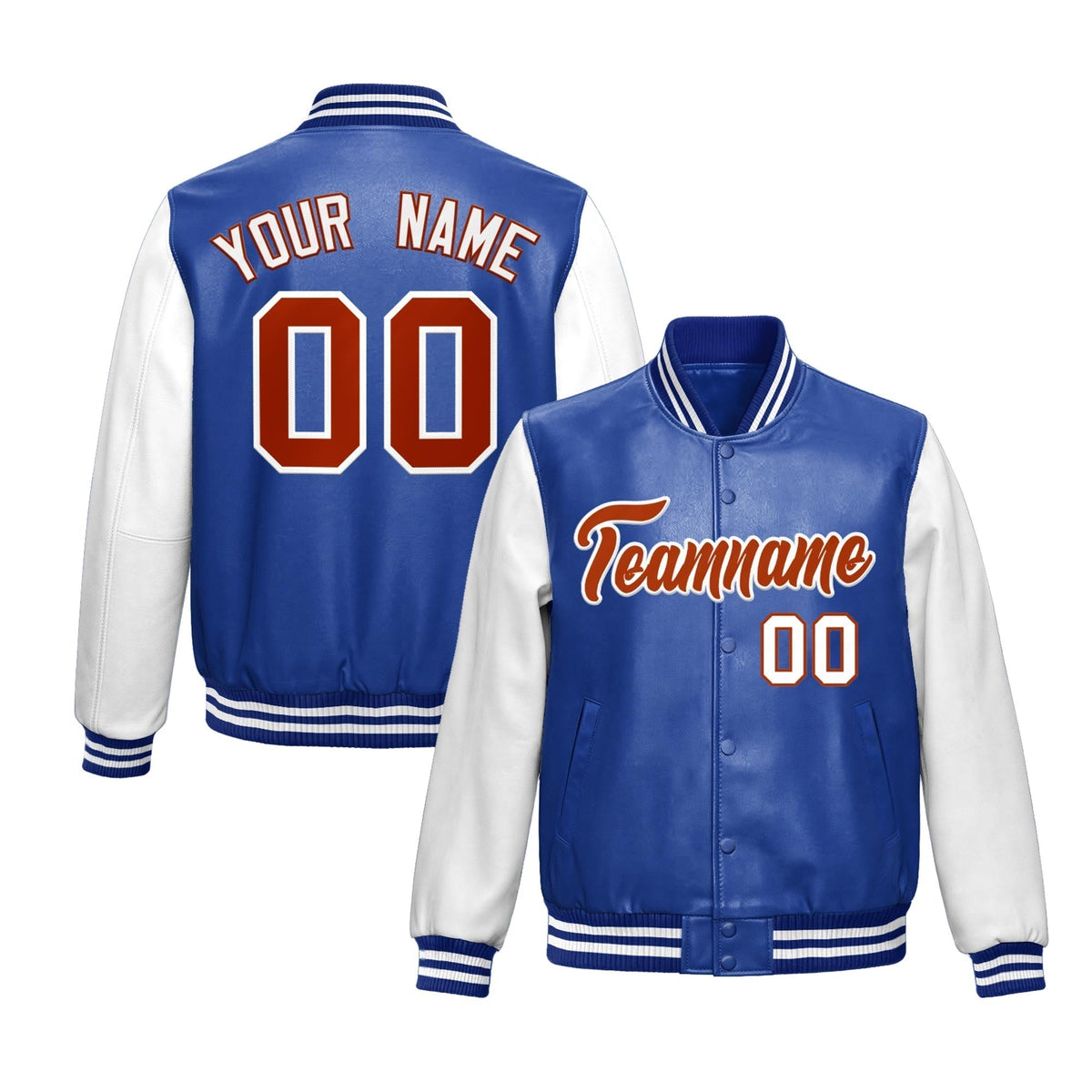 Custom Royal Blue White Dark Orange Raglan Sleeves Full-Snap Varsity Faux Leather Letterman Jacket| KXKSHOP