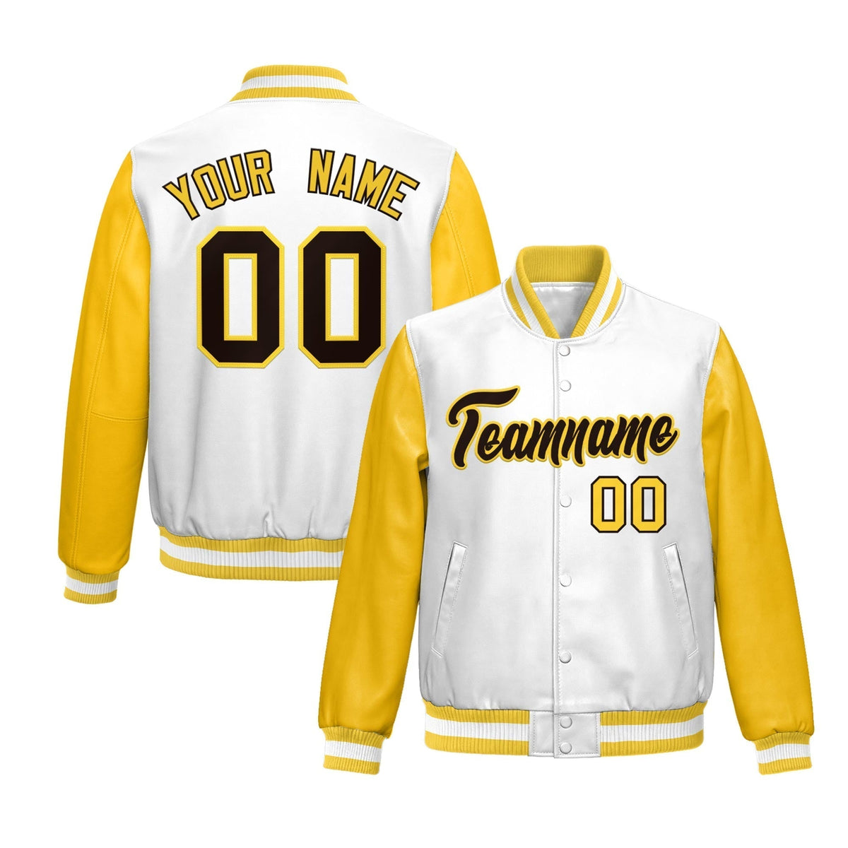 Custom White Yellow Raglan Sleeves Full-Snap Varsity Faux Leather Letterman Jacket| KXKSHOP