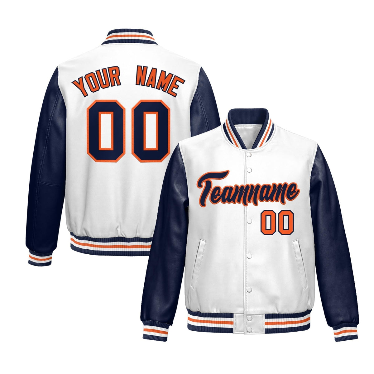 Custom White Navy Raglan Sleeves Full-Snap Varsity Faux Leather Letterman Jacket| KXKSHOP
