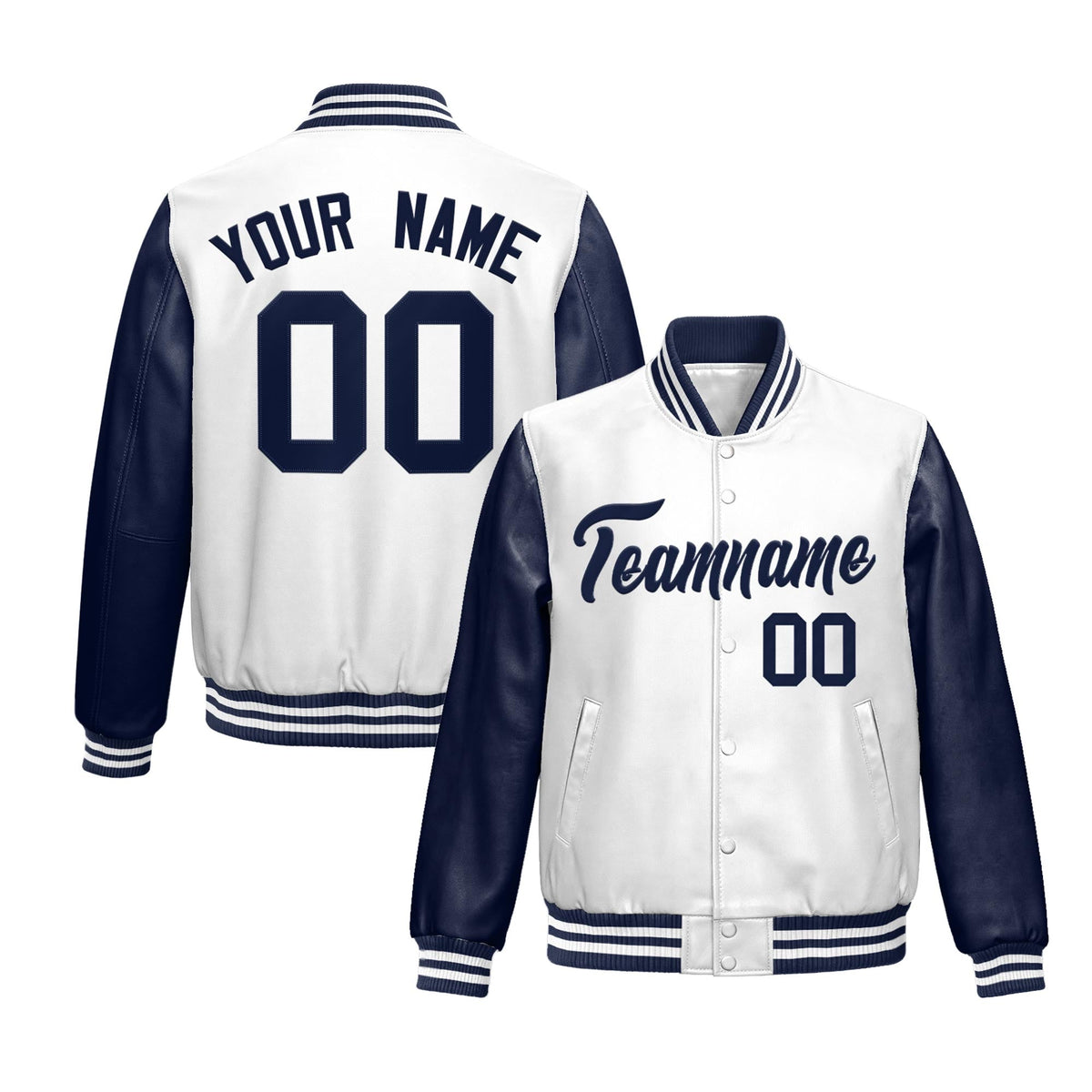 Custom Navy White Raglan Sleeves Full-Snap Varsity Faux Leather Letterman Jacket| KXKSHOP