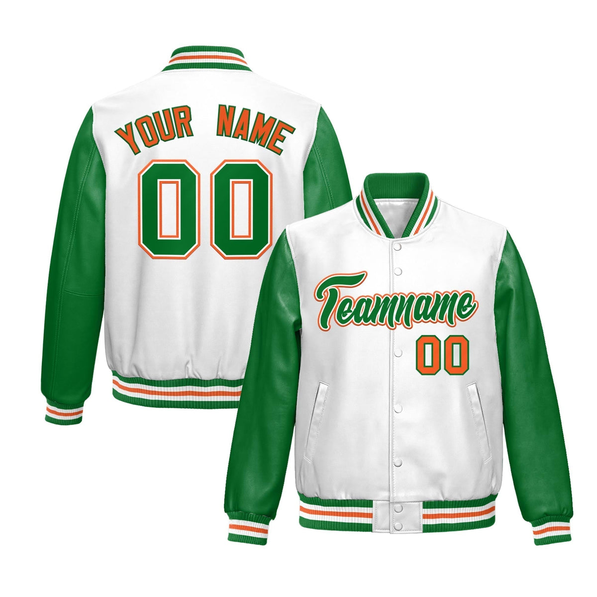 Custom White Kelly Green Raglan Sleeves Full-Snap Varsity Faux Leather Letterman Jacket| KXKSHOP