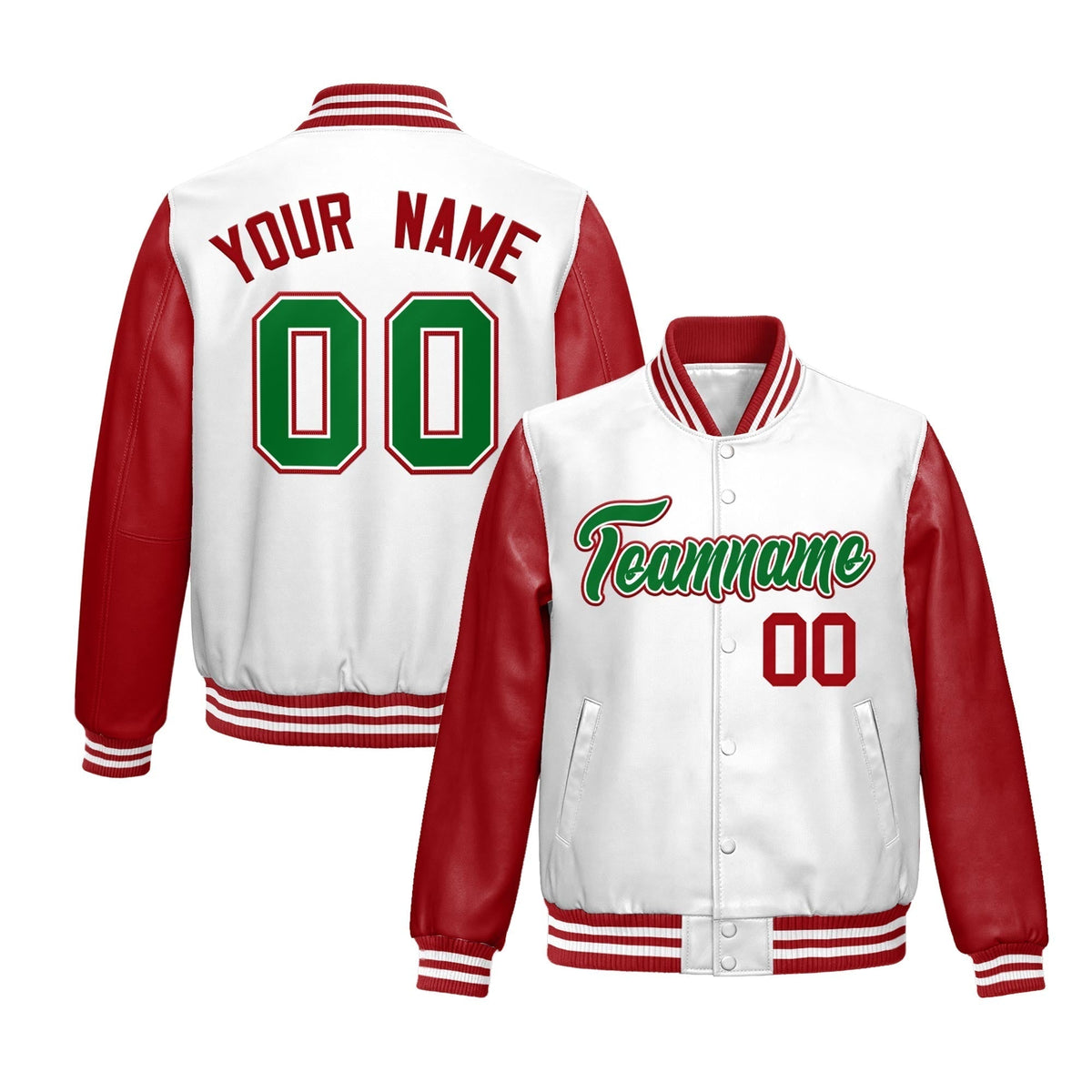 Custom White Red Kelly Green Raglan Sleeves Full-Snap Varsity Faux Leather Letterman Jacket| KXKSHOP