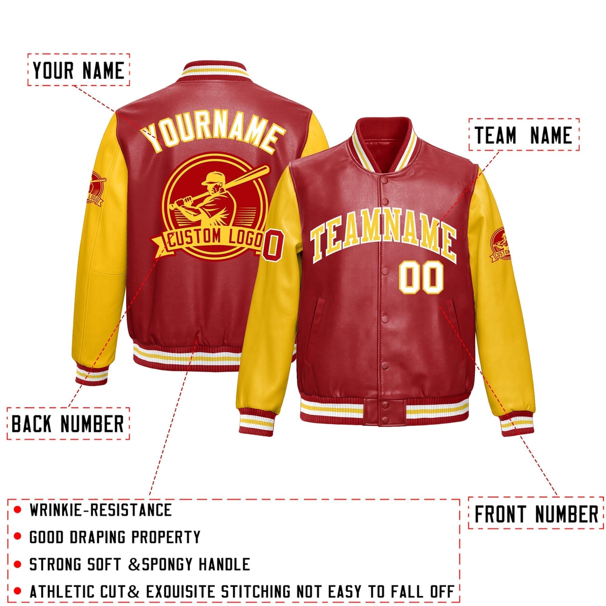 Custom Yellow Red Raglan Sleeves Full-Snap Faux Leather Letterman Jacket| KXKSHOP
