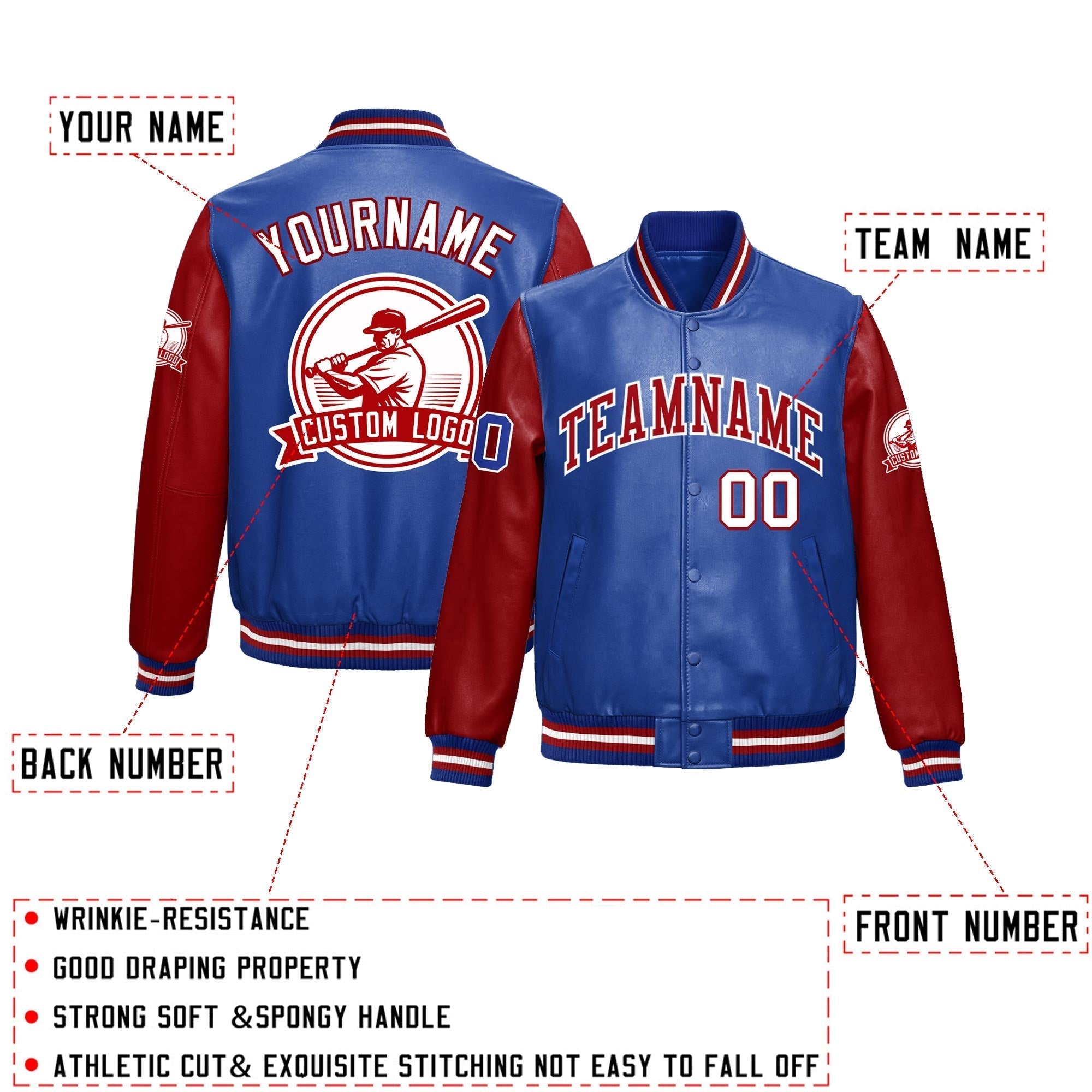 Custom Royal Blue Red Raglan Sleeves Full-Snap Faux Leather Letterman Jacket| KXKSHOP