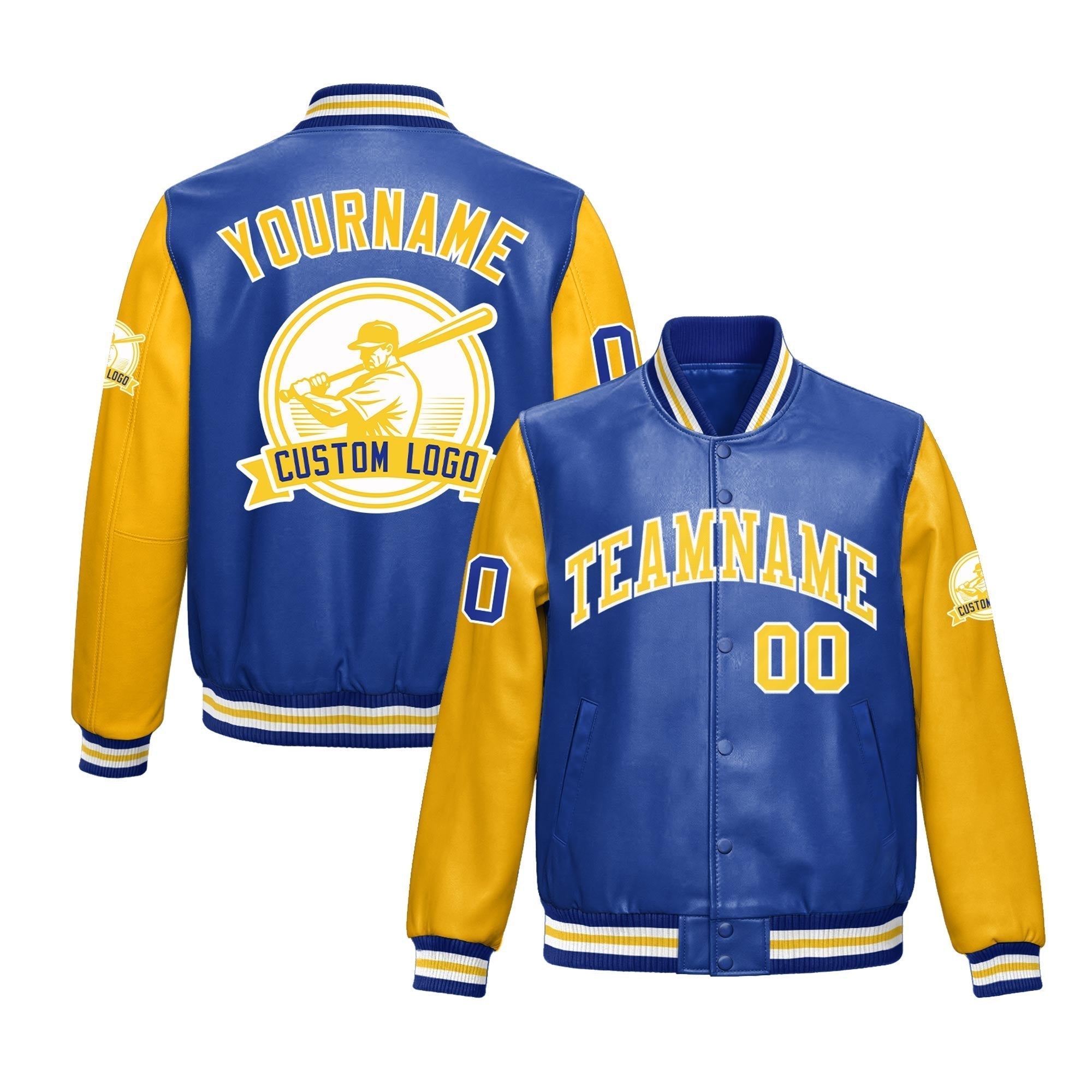 Custom Royal Blue Yellow Raglan Sleeves Full-Snap Faux Leather Letterman Jacket| KXKSHOP
