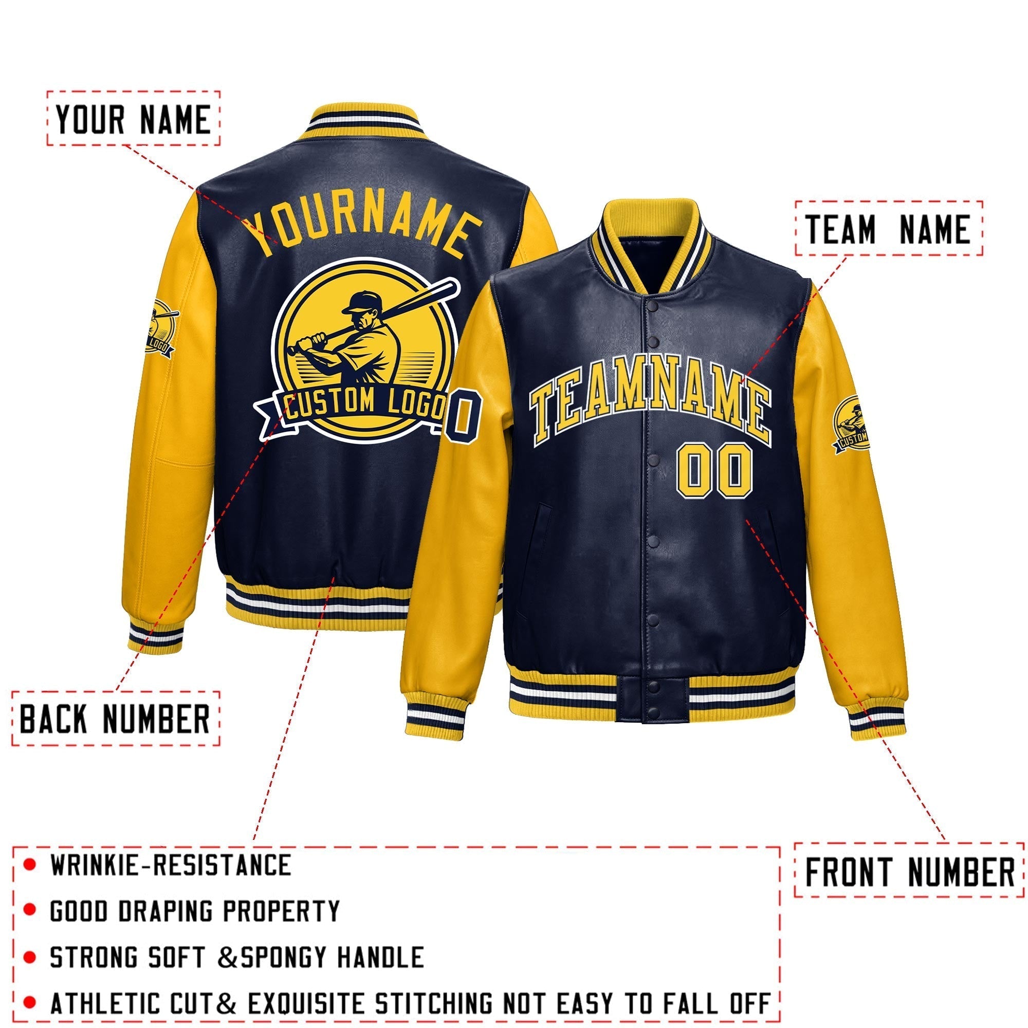 Custom Navy Yellow Raglan Sleeves Full-Snap Faux Leather Letterman Jacket| KXKSHOP