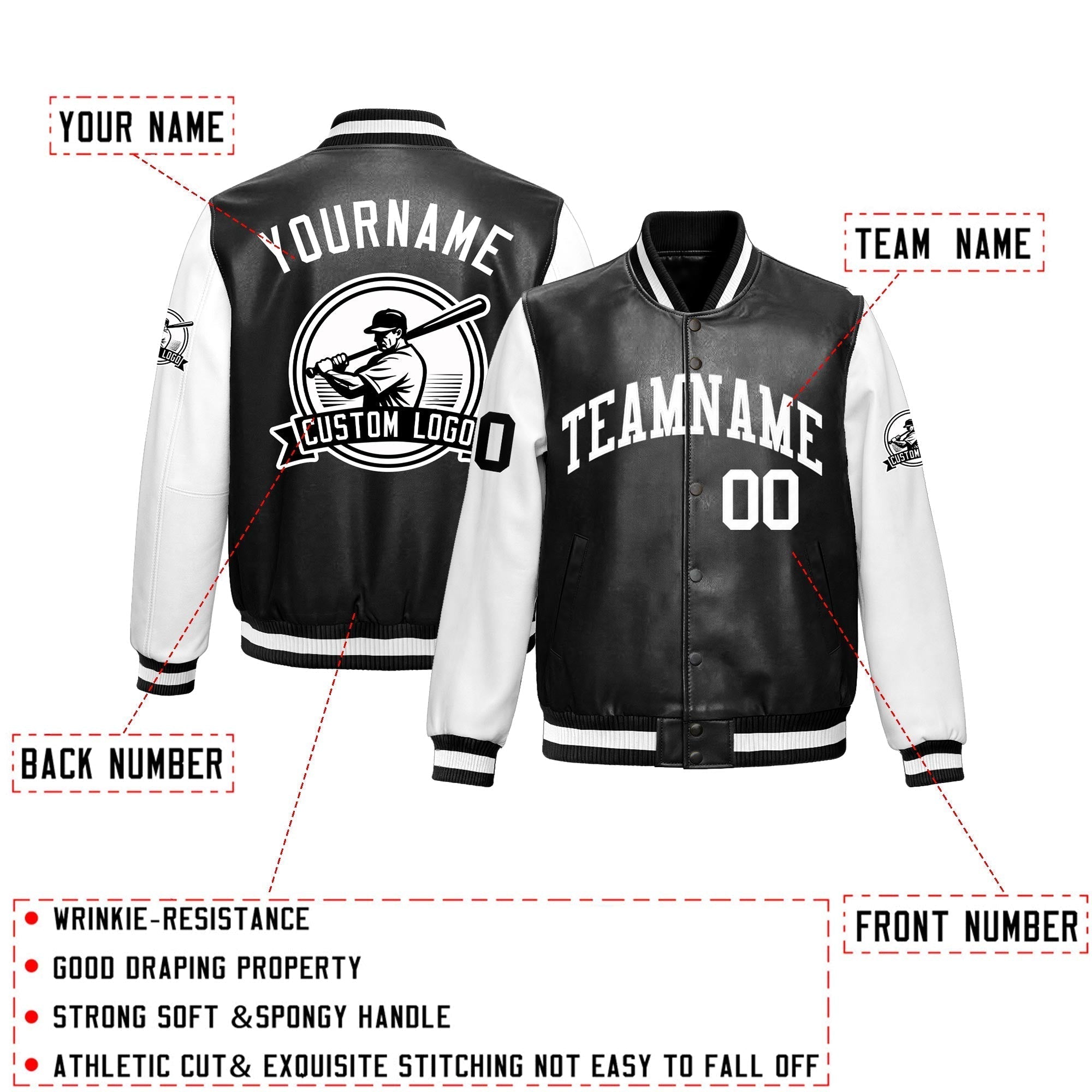 Custom Black White Raglan Sleeves Full-Snap Faux Leather Letterman Jacket| KXKSHOP