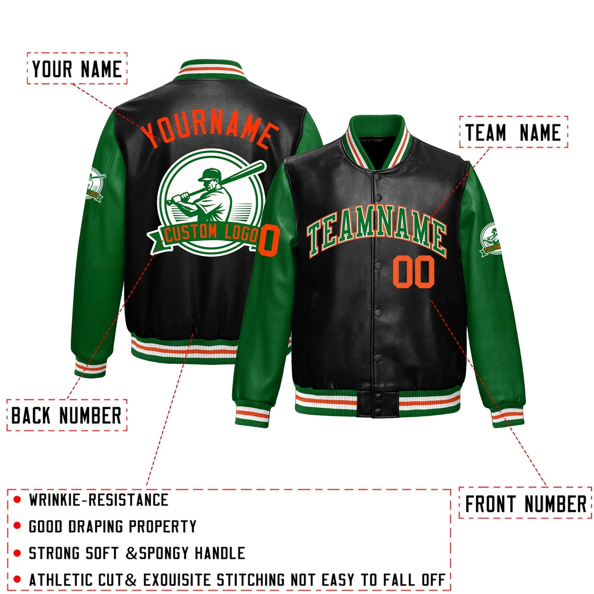 Custom Black Kelly Green Raglan Sleeves Full-Snap Faux Leather Letterman Jacket| KXKSHOP