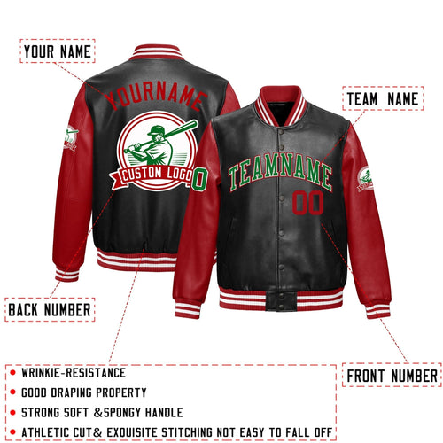 Custom Black Red Raglan Sleeves Full-Snap Faux Leather Letterman Jacket| KXKSHOP