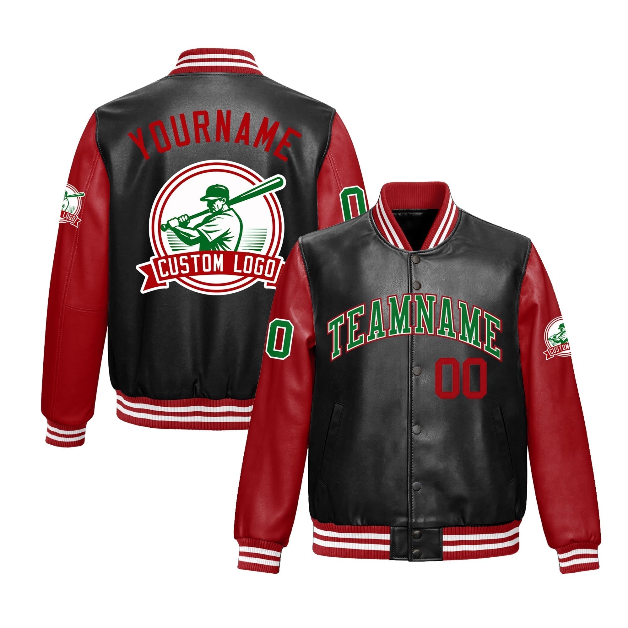 Custom Black Red Raglan Sleeves Full-Snap Faux Leather Letterman Jacket| KXKSHOP
