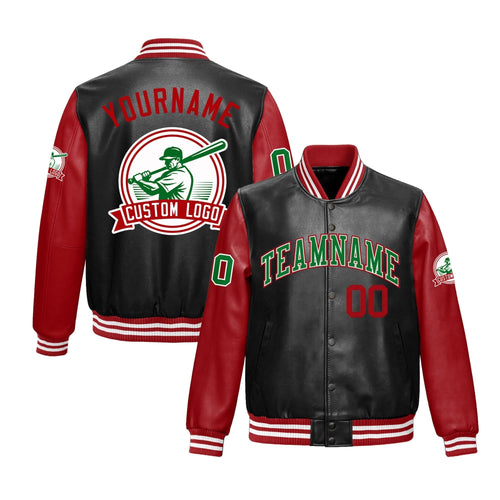 Custom Black Red Raglan Sleeves Full-Snap Faux Leather Letterman Jacket| KXKSHOP