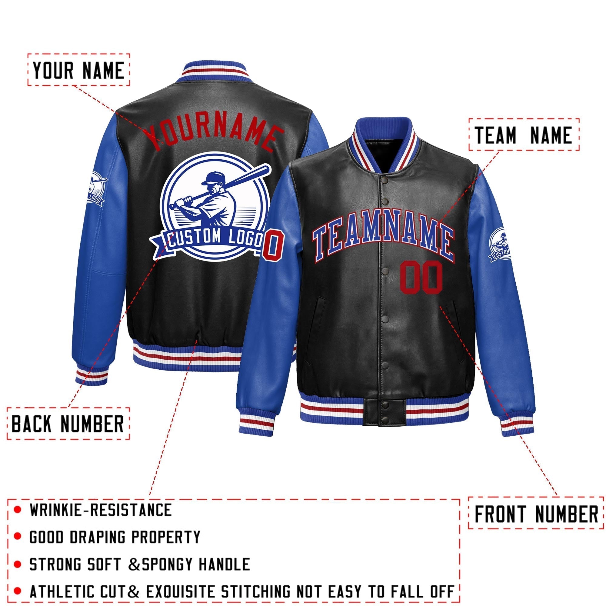 Custom Black Royal Blue Raglan Sleeves Full-Snap Faux Leather Letterman Jacket| KXKSHOP