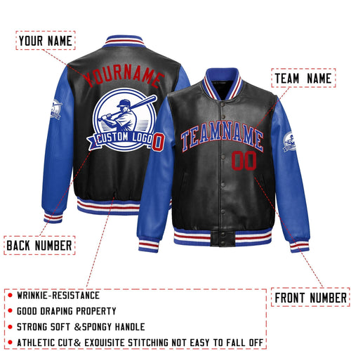 Custom Black Royal Blue Raglan Sleeves Full-Snap Faux Leather Letterman Jacket| KXKSHOP