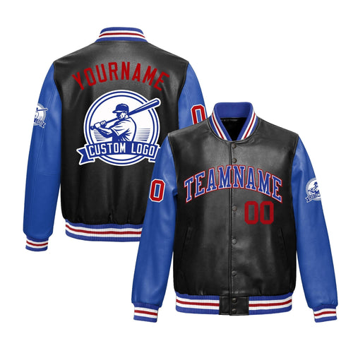 Custom Black Royal Blue Raglan Sleeves Full-Snap Faux Leather Letterman Jacket| KXKSHOP