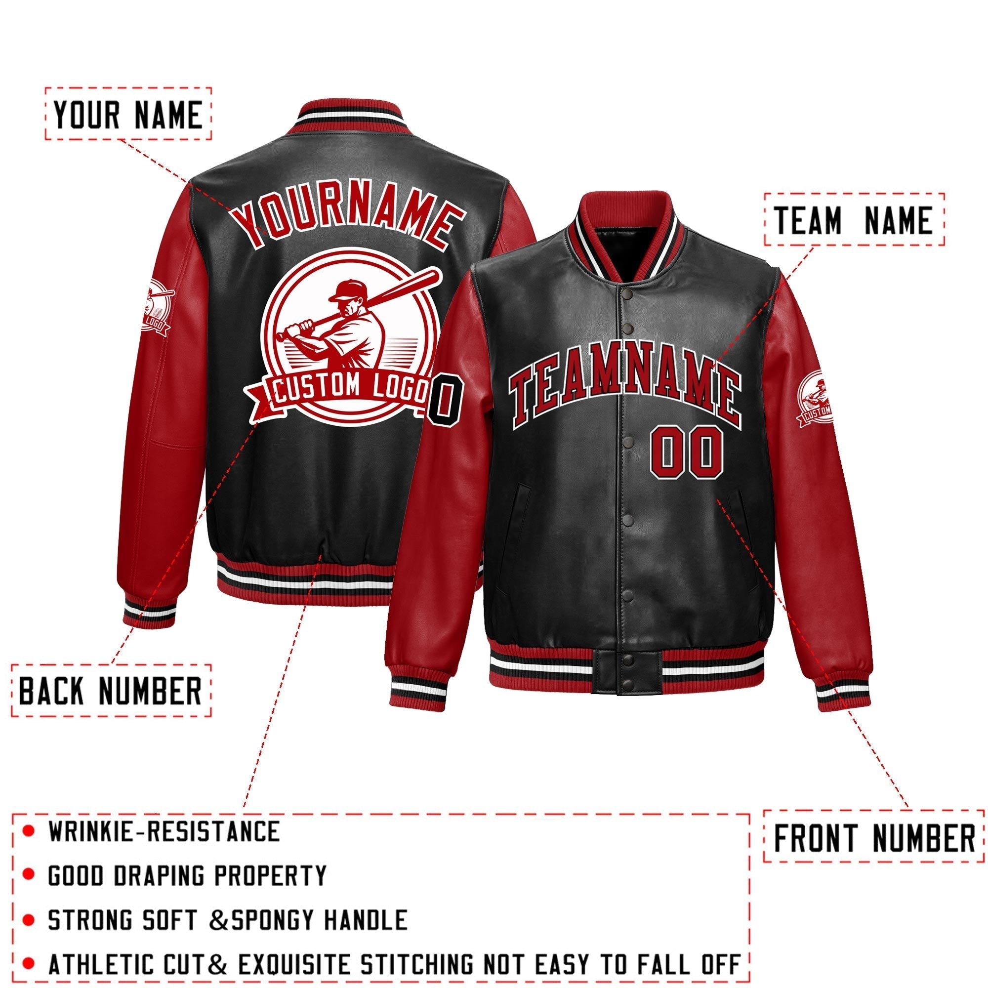 Custom Black Red Raglan Sleeves Full-Snap Faux Leather Letterman Jacket| KXKSHOP