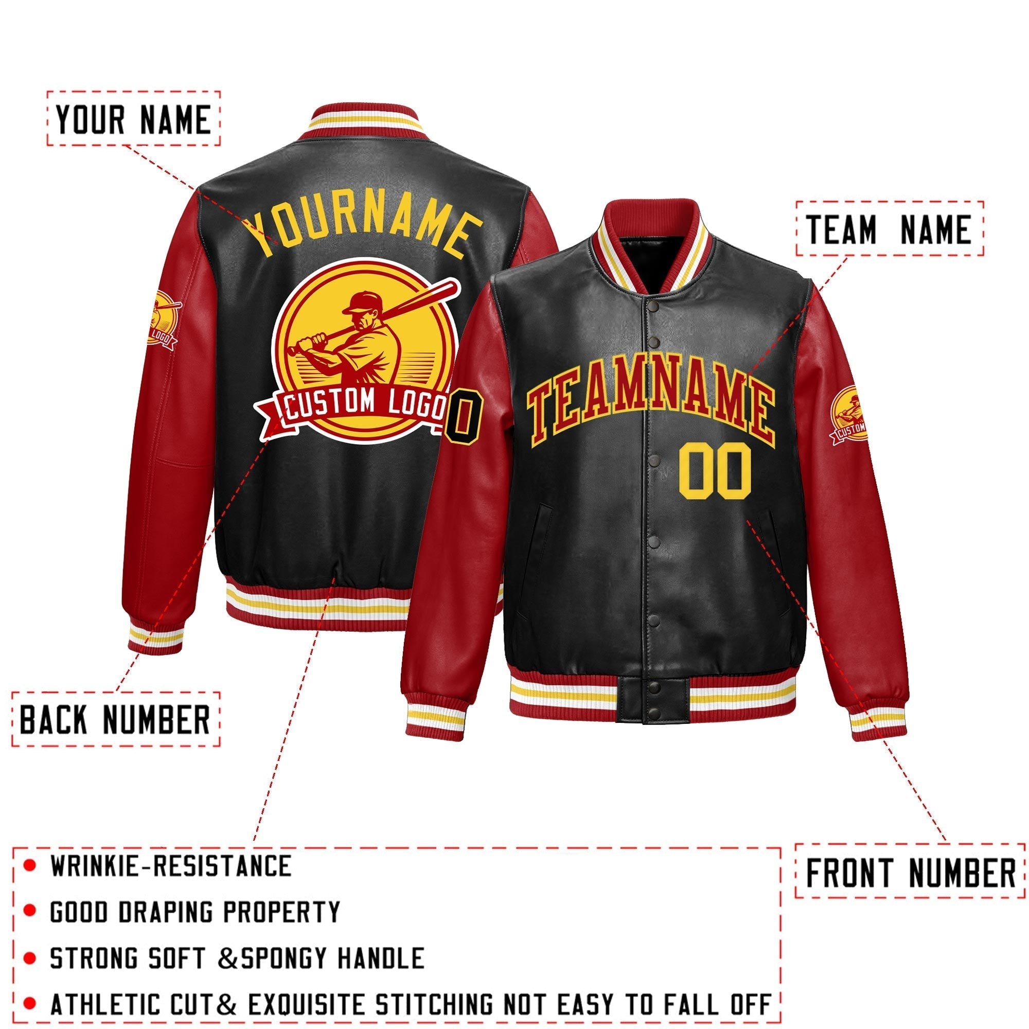 Custom Black Red Raglan Sleeves Full-Snap Faux Leather Letterman Jacket| KXKSHOP
