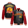 Custom Black Red Raglan Sleeves Full-Snap Faux Leather Letterman Jacket| KXKSHOP