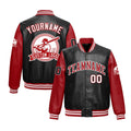 Custom Black Red Raglan Sleeves Full-Snap Faux Leather Letterman Jacket| KXKSHOP