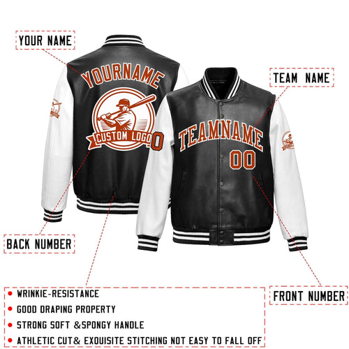 Custom Black White Raglan Sleeves Full-Snap Faux Leather Letterman Jacket| KXKSHOP