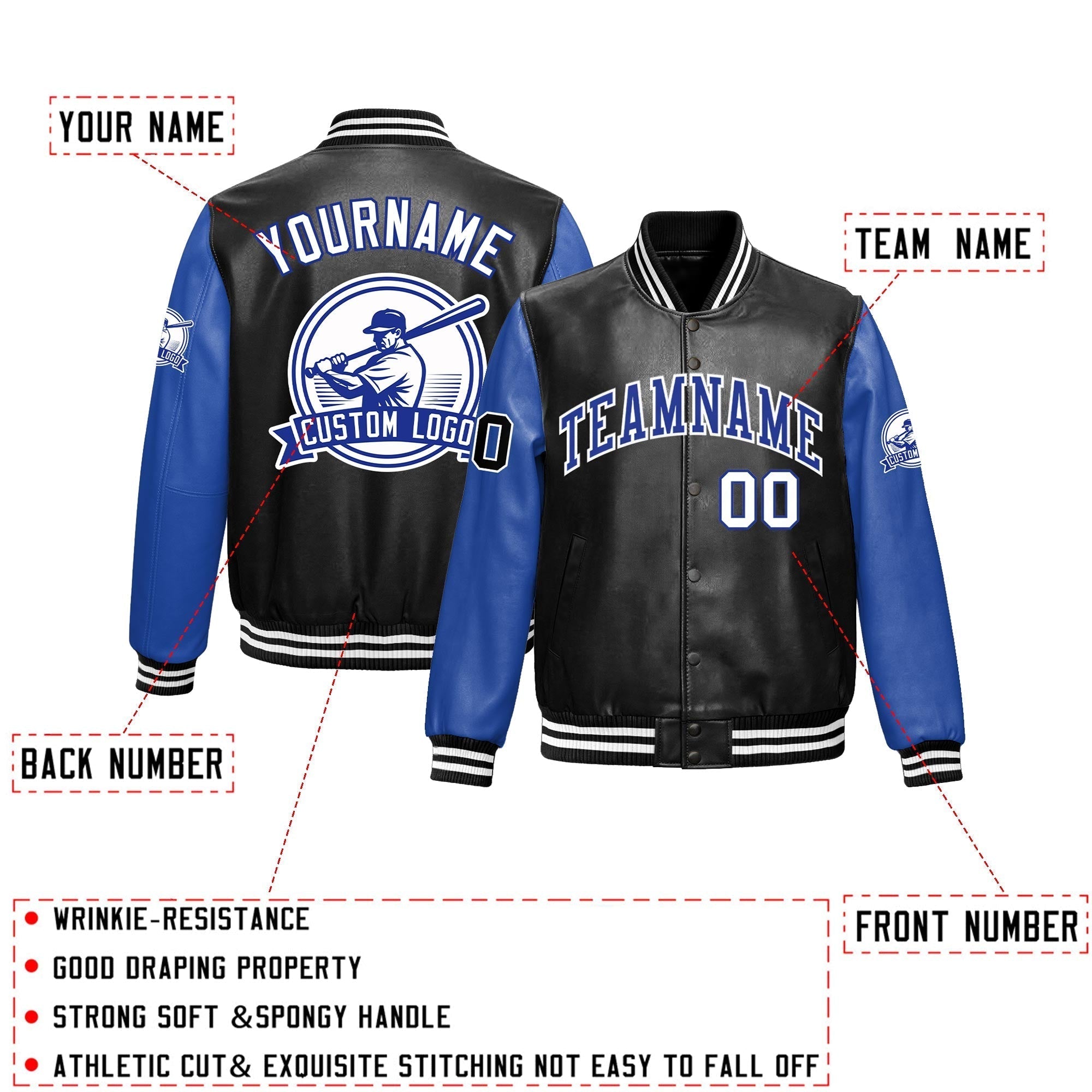 Custom Black Royal Blue Raglan Sleeves Full-Snap Faux Leather Letterman Jacket| KXKSHOP