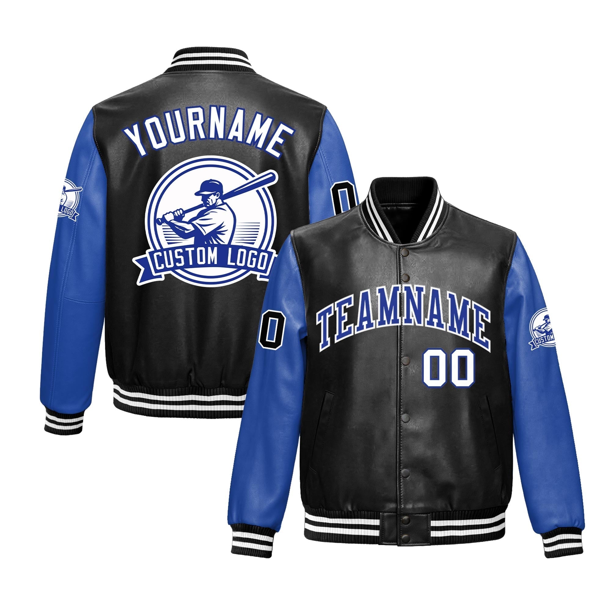 Custom Black Royal Blue Raglan Sleeves Full-Snap Faux Leather Letterman Jacket| KXKSHOP