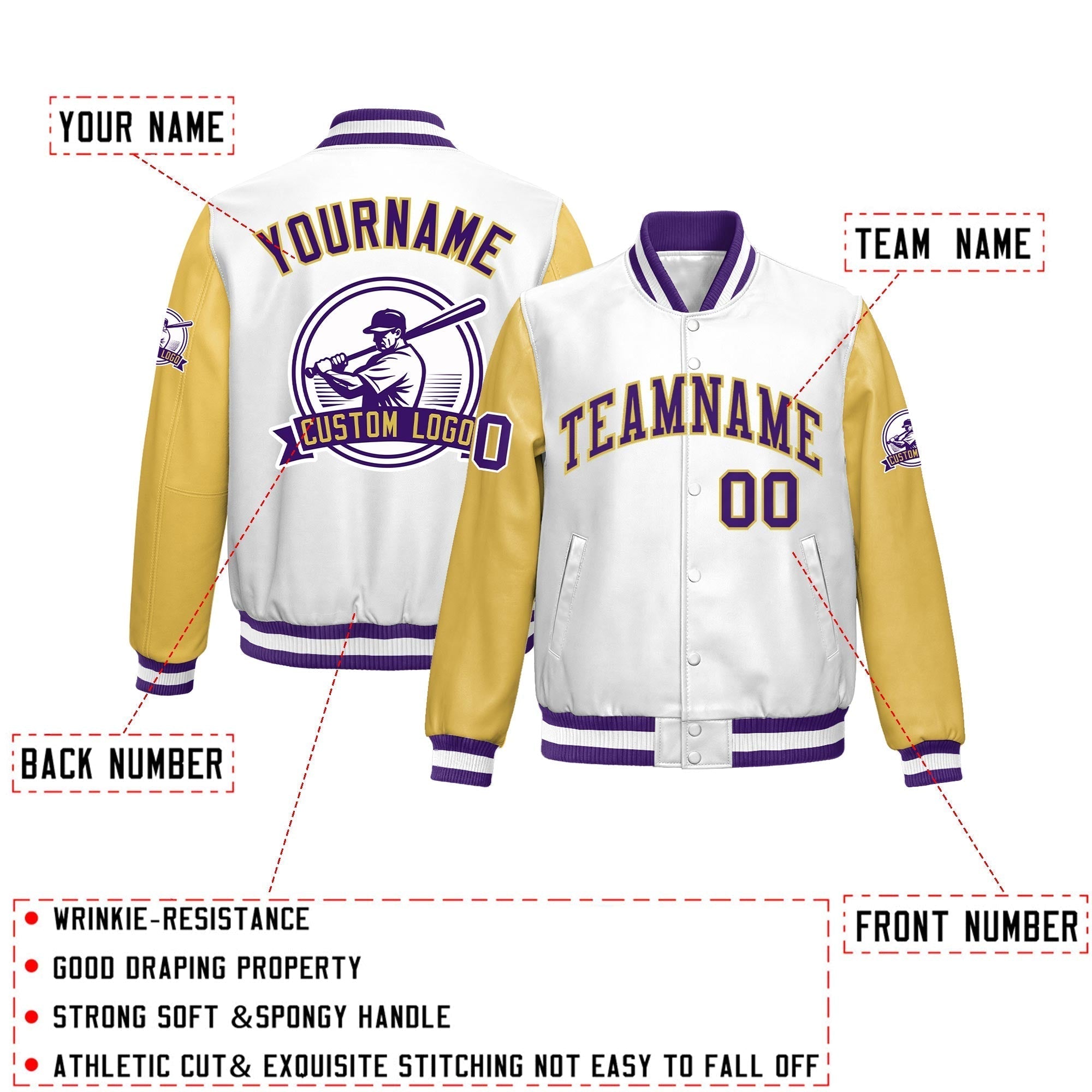 Custom Khaki Purple Raglan Sleeves Full-Snap Faux Leather Letterman Jacket| KXKSHOP