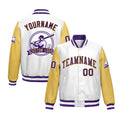 Custom Khaki Purple Raglan Sleeves Full-Snap Faux Leather Letterman Jacket| KXKSHOP