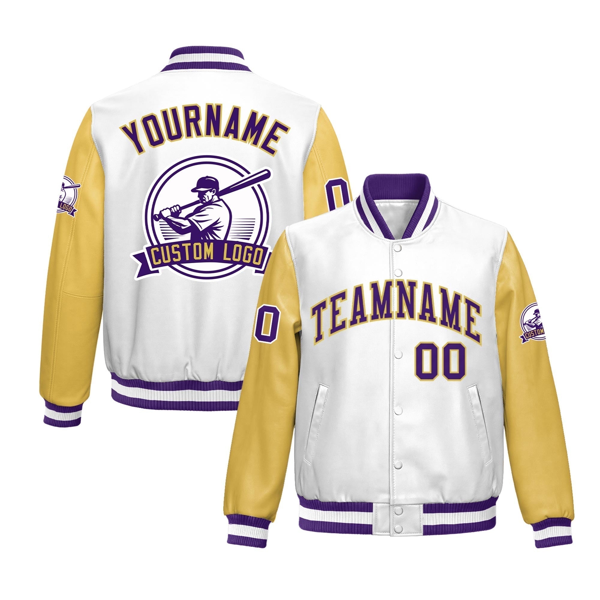 Custom Khaki Purple Raglan Sleeves Full-Snap Faux Leather Letterman Jacket| KXKSHOP