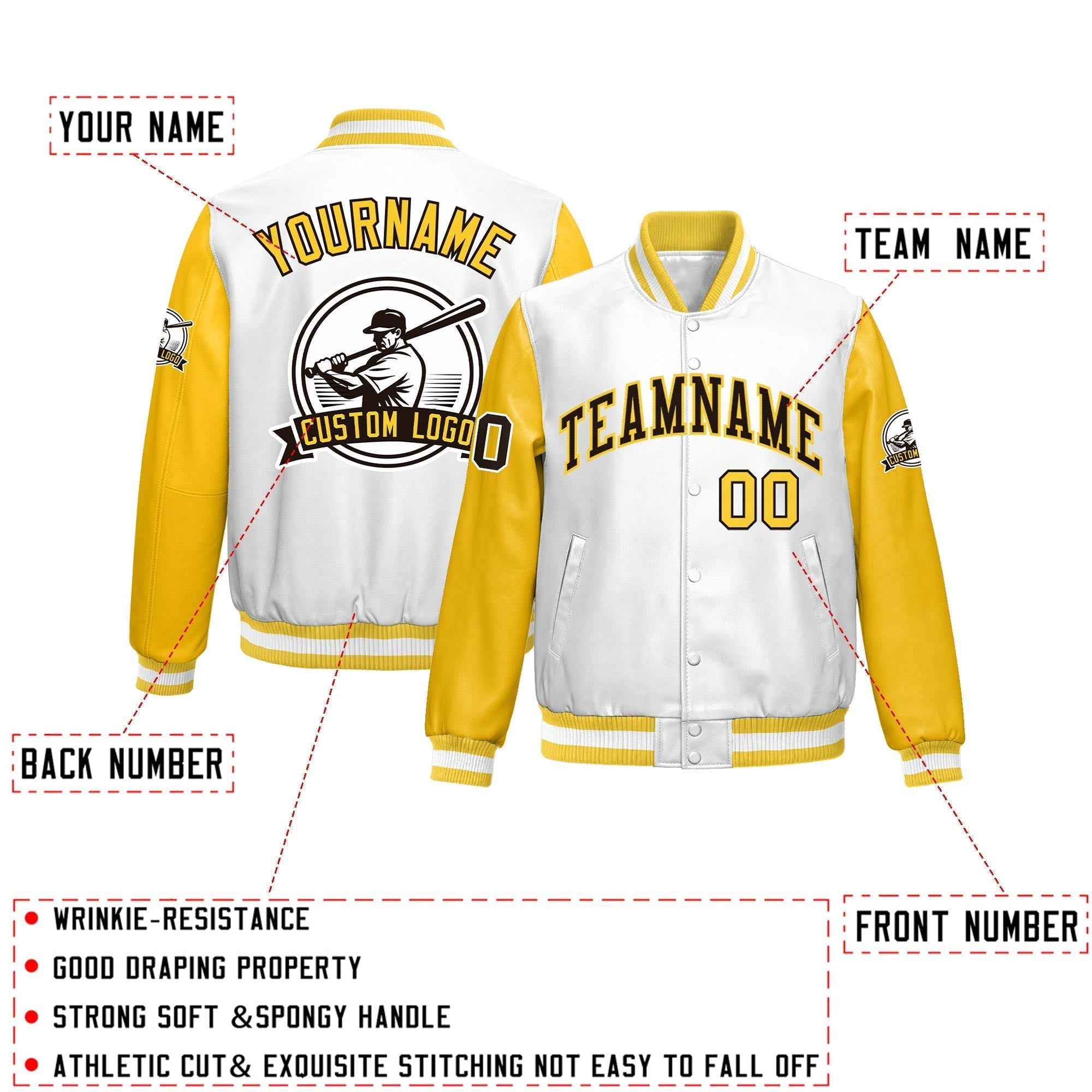 Custom Yellow Gold Raglan Sleeves Full-Snap Faux Leather Letterman Jacket| KXKSHOP
