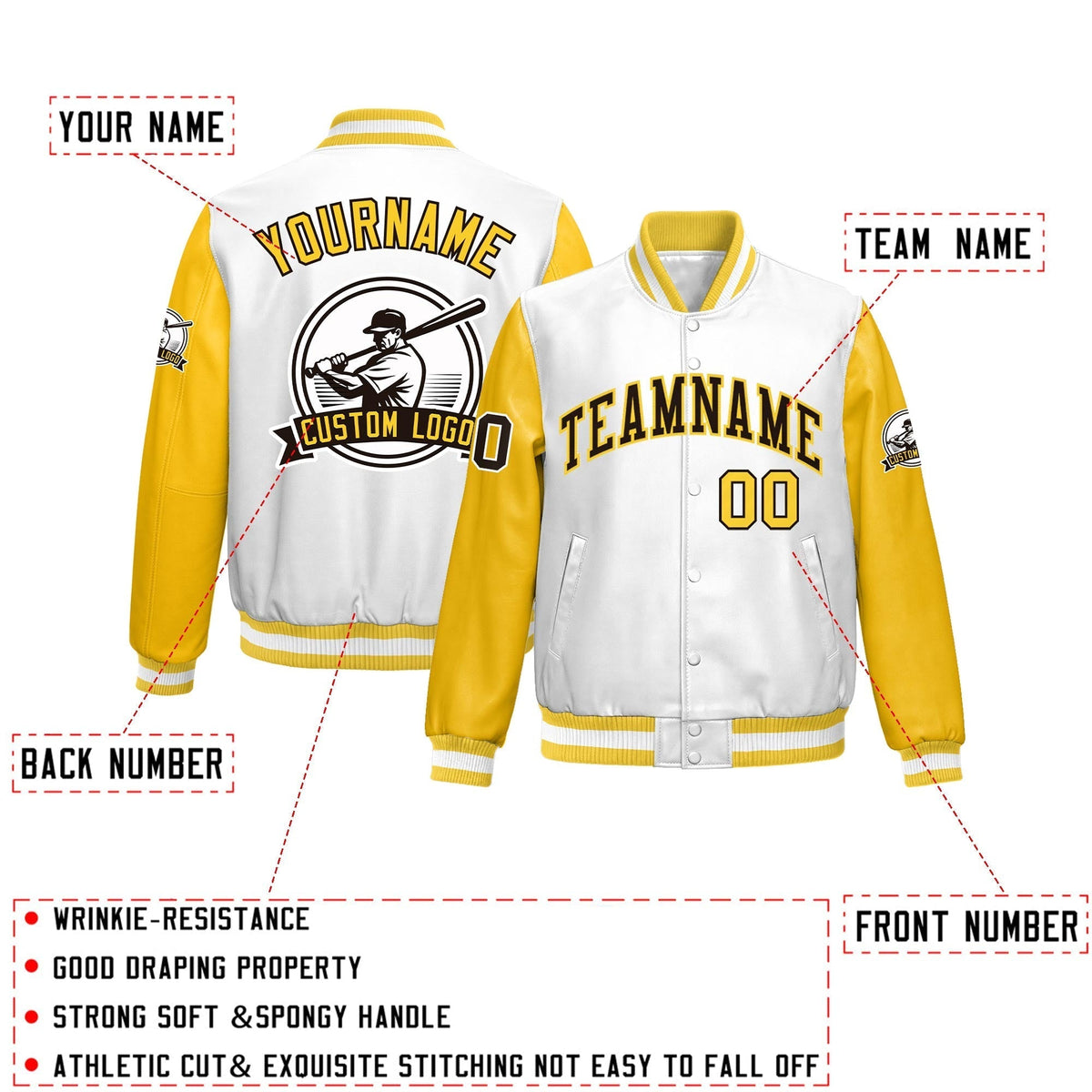 Custom Yellow Gold Raglan Sleeves Full-Snap Faux Leather Letterman Jacket| KXKSHOP