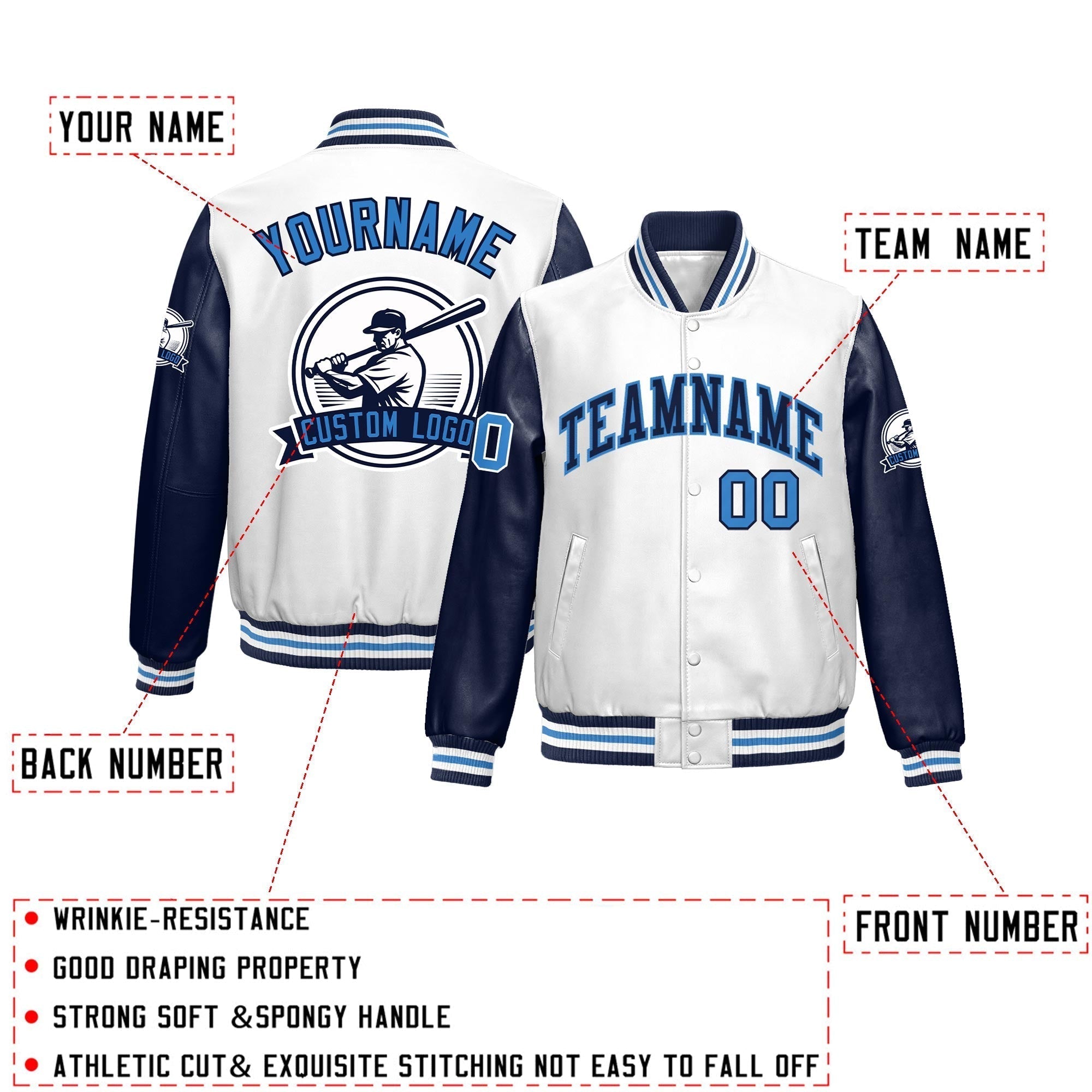 Custom Navy White Raglan Sleeves Full-Snap Faux Leather Letterman Jacket| KXKSHOP