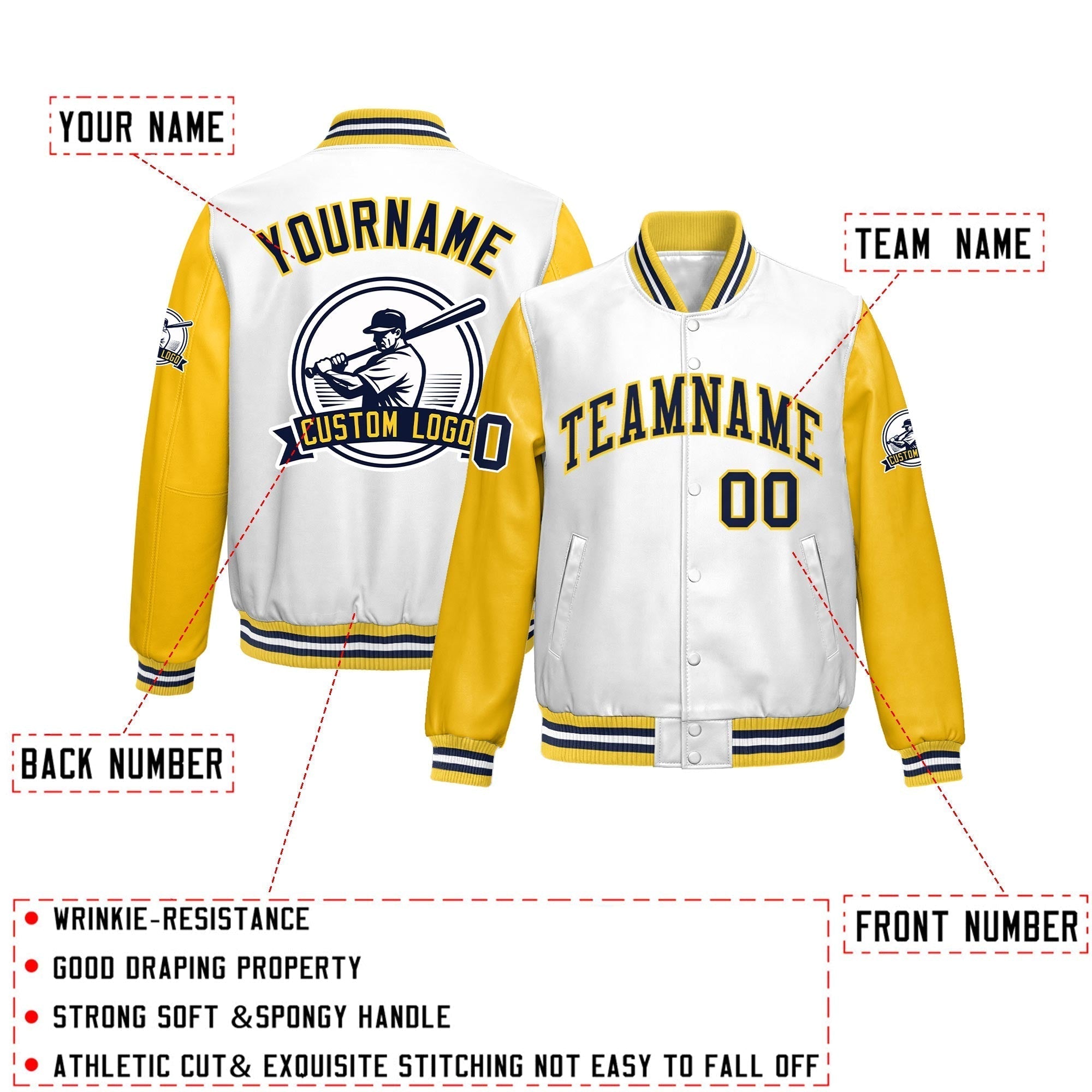 Custom Yellow White Raglan Sleeves Full-Snap Faux Leather Letterman Jacket| KXKSHOP