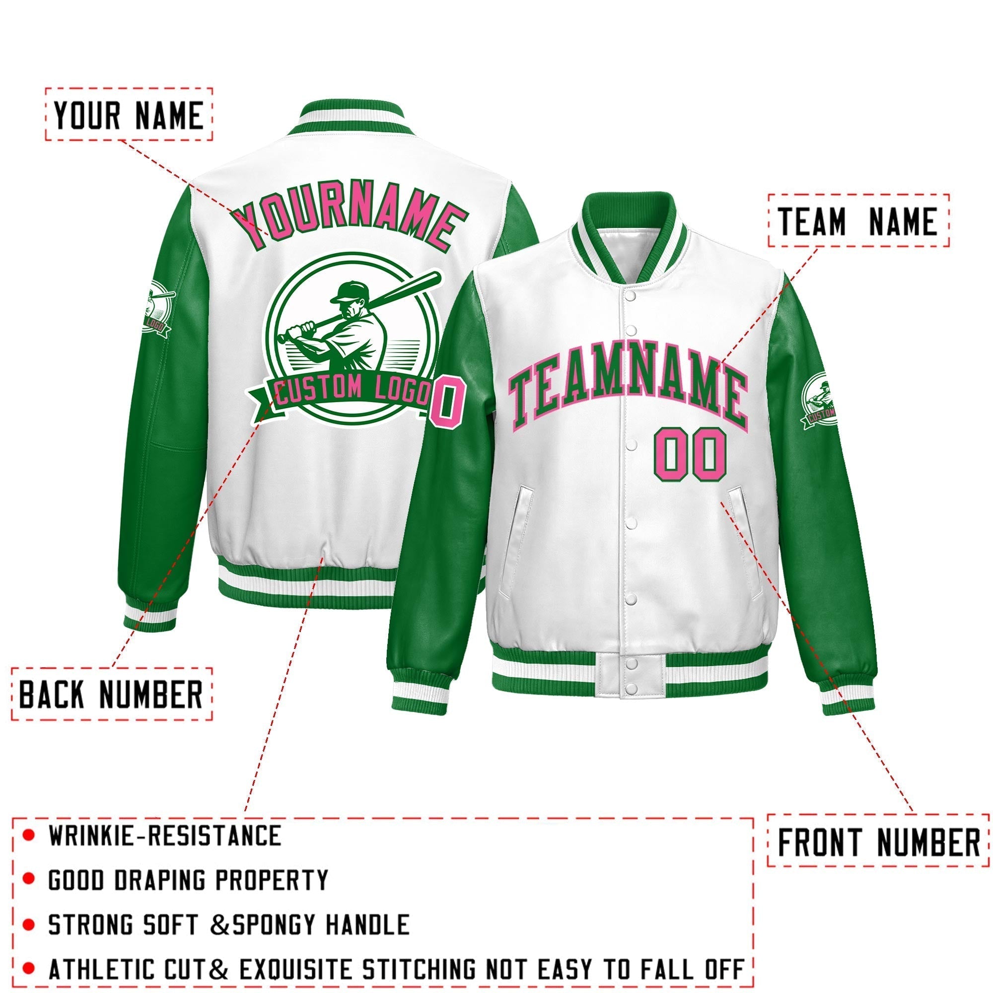 Custom Kelly Green White Raglan Sleeves Full-Snap Faux Leather Letterman Jacket| KXKSHOP