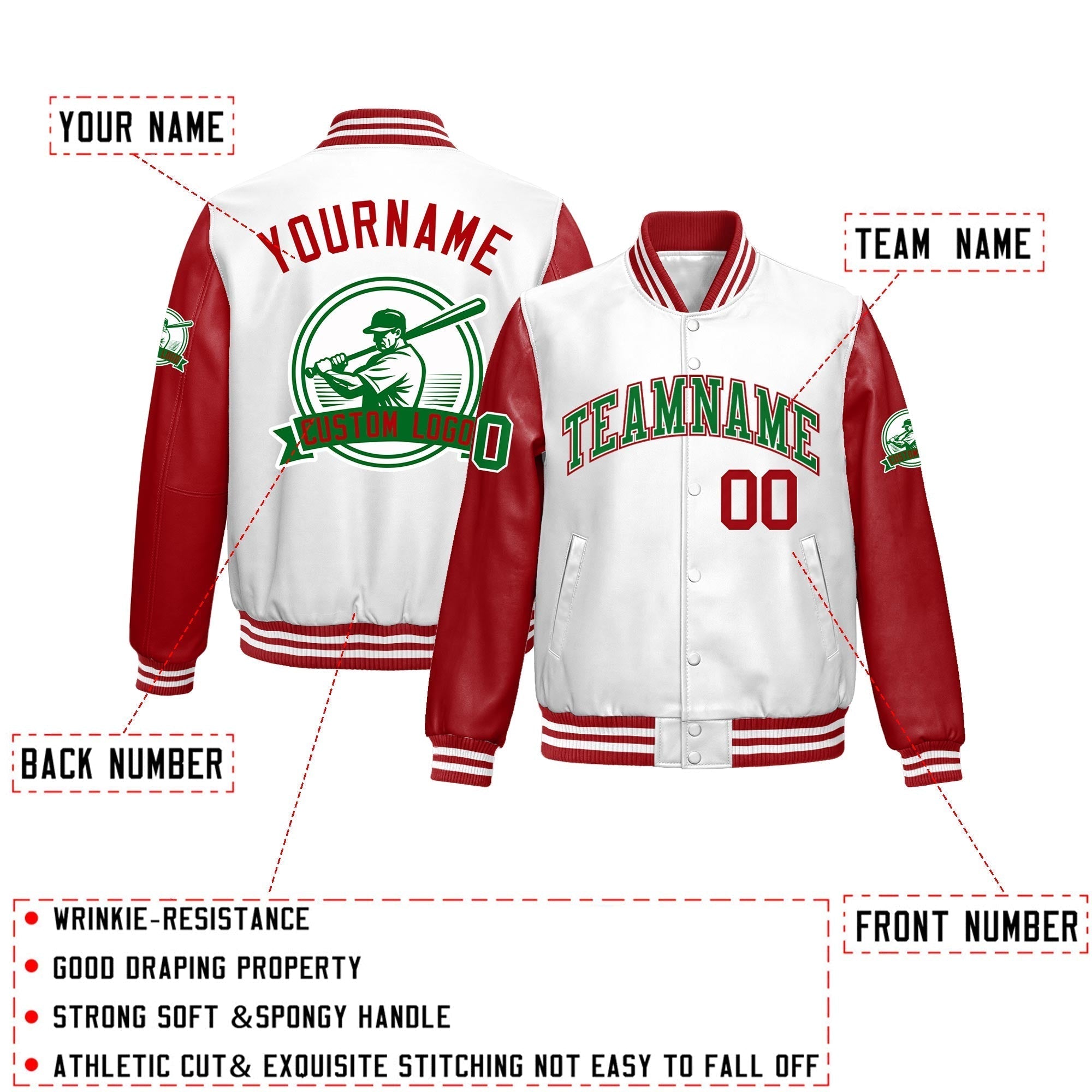 Custom Red White Raglan Sleeves Full-Snap Faux Leather Letterman Jacket| KXKSHOP