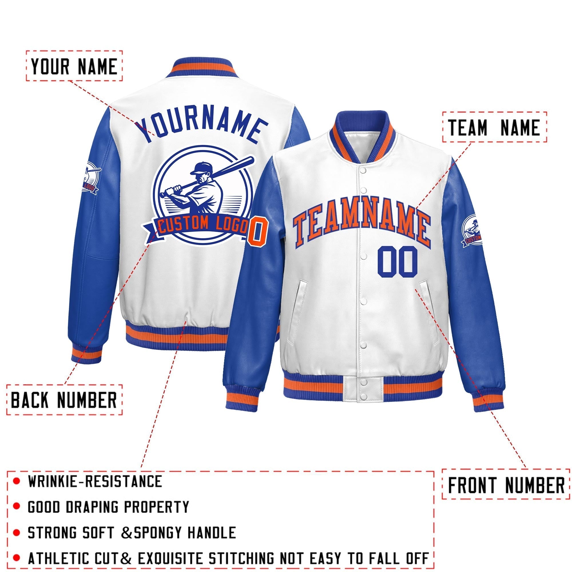Custom Royal Blue Orange Raglan Sleeves Full-Snap Faux Leather Letterman Jacket| KXKSHOP