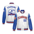Custom Royal Blue Orange Raglan Sleeves Full-Snap Faux Leather Letterman Jacket| KXKSHOP