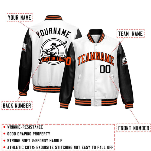 Custom Black White Raglan Sleeves Full-Snap Faux Leather Letterman Jacket| KXKSHOP