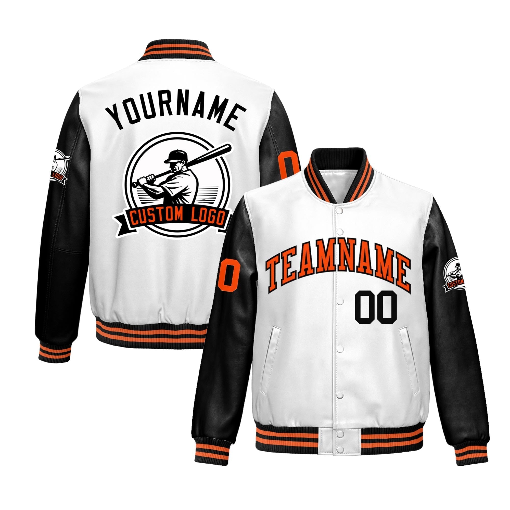 Custom Black White Raglan Sleeves Full-Snap Faux Leather Letterman Jacket| KXKSHOP