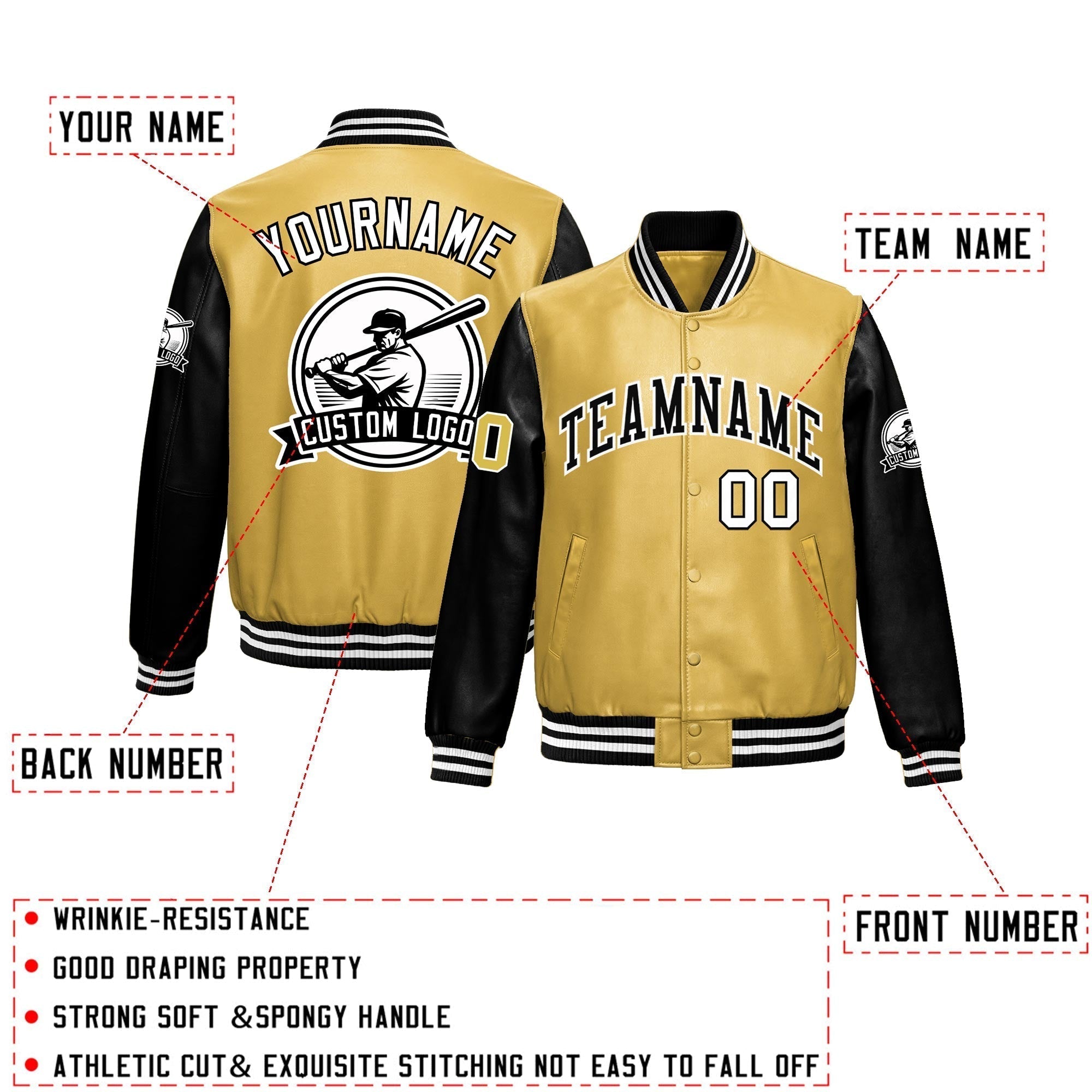 Custom Khaki Black Raglan Sleeves Full-Snap Faux Leather Letterman Jacket| KXKSHOP
