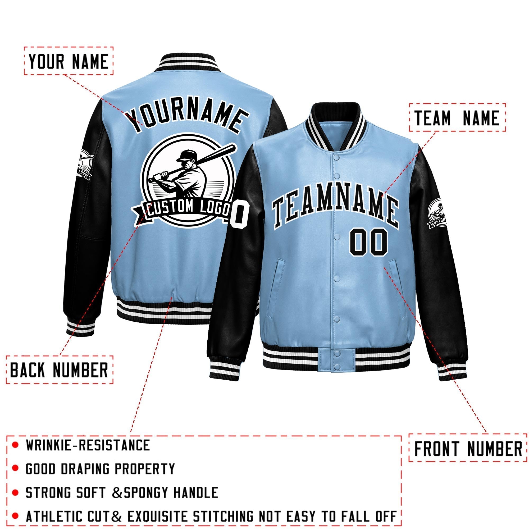 Custom Powder Blue Black Raglan Sleeves Full-Snap Faux Leather Letterman Jacket| KXKSHOP