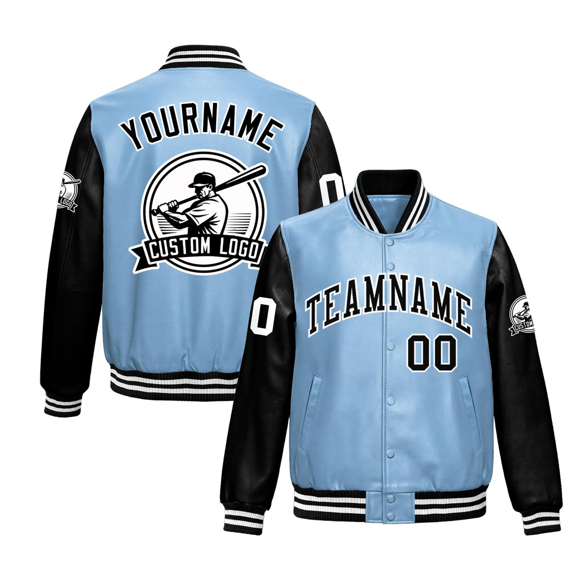 Custom Powder Blue Black Raglan Sleeves Full-Snap Faux Leather Letterman Jacket| KXKSHOP