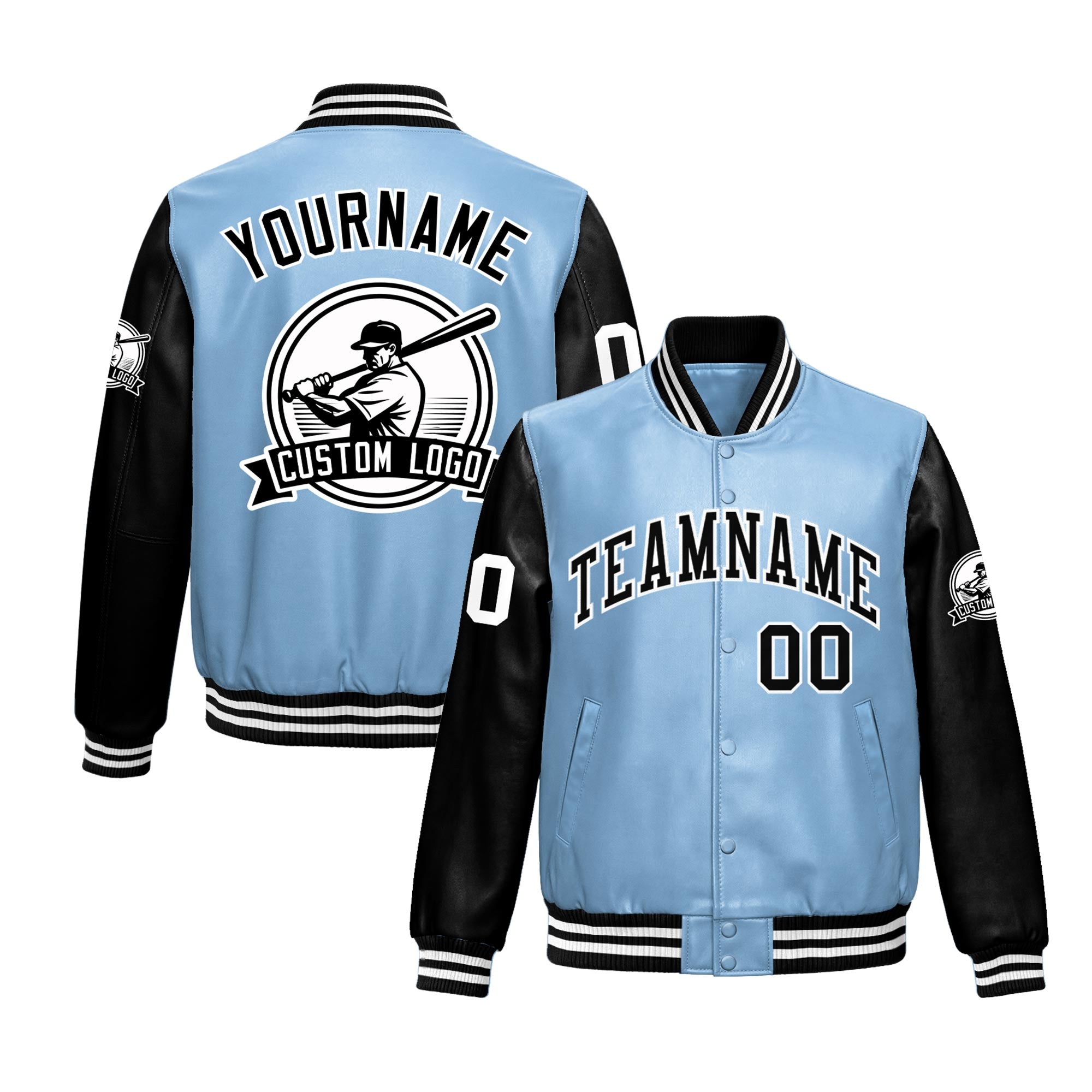 Custom Powder Blue Black Raglan Sleeves Full-Snap Faux Leather Letterman Jacket| KXKSHOP
